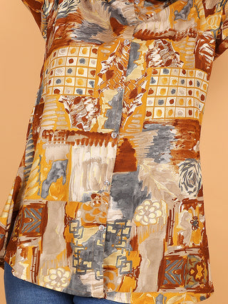 FIMS - Fashion is my style Rayon Abstract Printed Short Kurti for Women, Mandarin Collar V Neck, Roll-Up 3/4 Sleeves